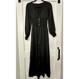 Mable Satin black dress, high center slit, gold button detail sz Small